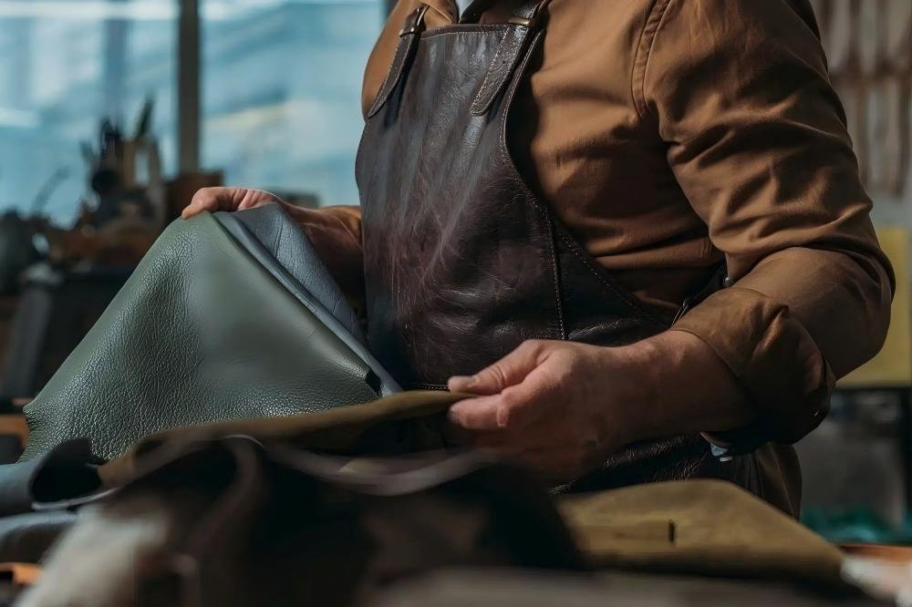 Artisan handling leather for high-end custom jacket