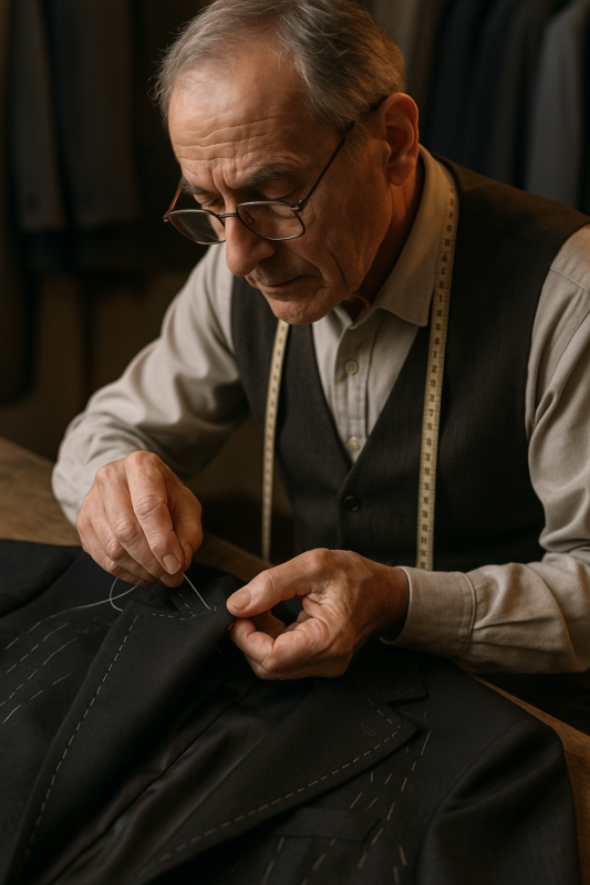 A master tailor hand-finishing the lapel of a custom designer jacket