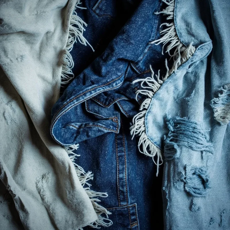 Close-up of different denim jacket finishes including light wash and distressed textures