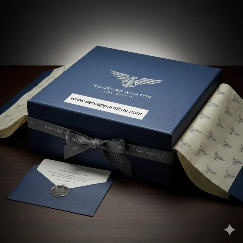 High-resolution view of custom branded packaging for luxury jackets.