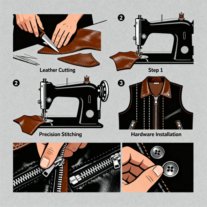 Leather jacket manufacturing process featuring precision stitching and hardware.