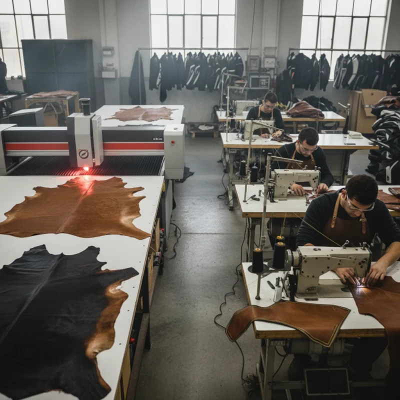 Motorcycle jacket manufacturing process showing precision leather cutting and assembly