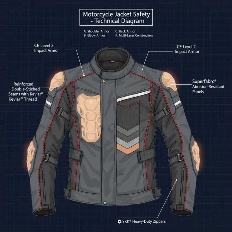 Technical diagram of motorcycle jacket safety features including armor and reinforced seams.
