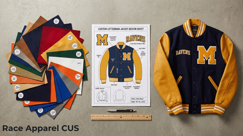 Custom mens letterman jacket ordering process showing fabric swatches, design sheet, and finished sample