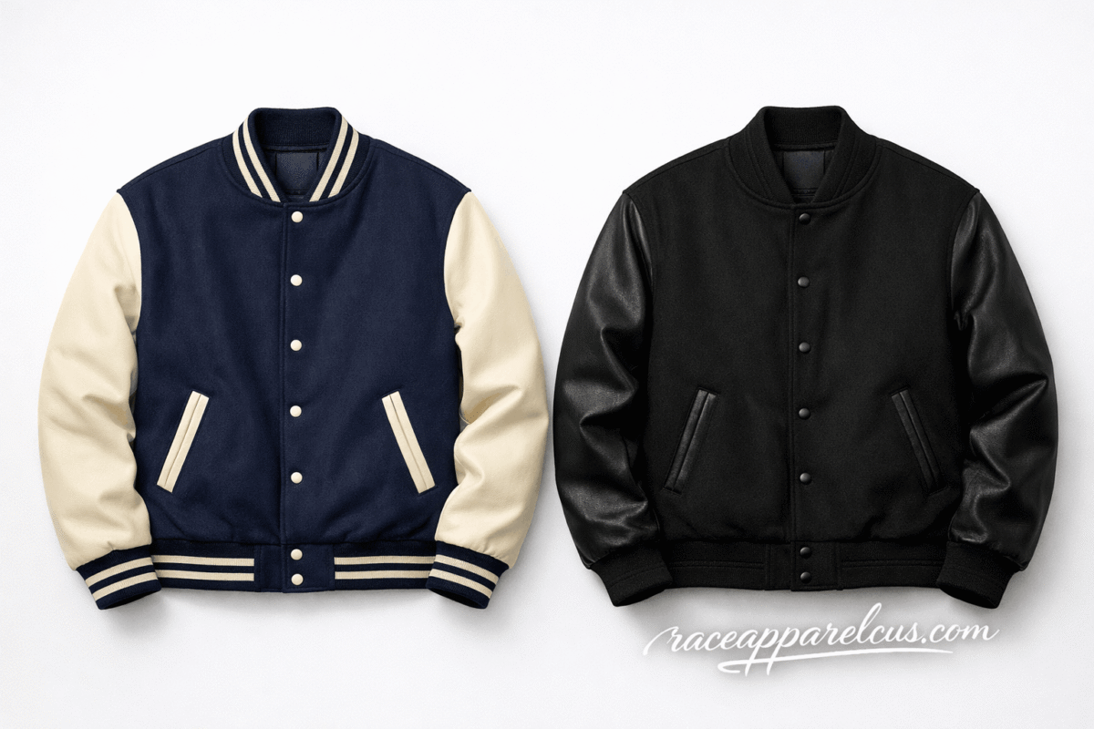 Comparison of classic two-tone navy varsity jacket versus all-black monochrome varsity jacket on white background