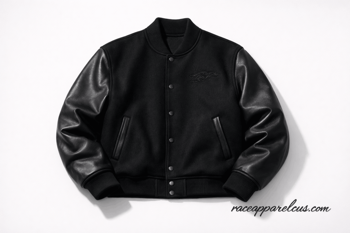 Premium all black varsity jacket with tonal embroidery on white background — featured image for 2026 style guide