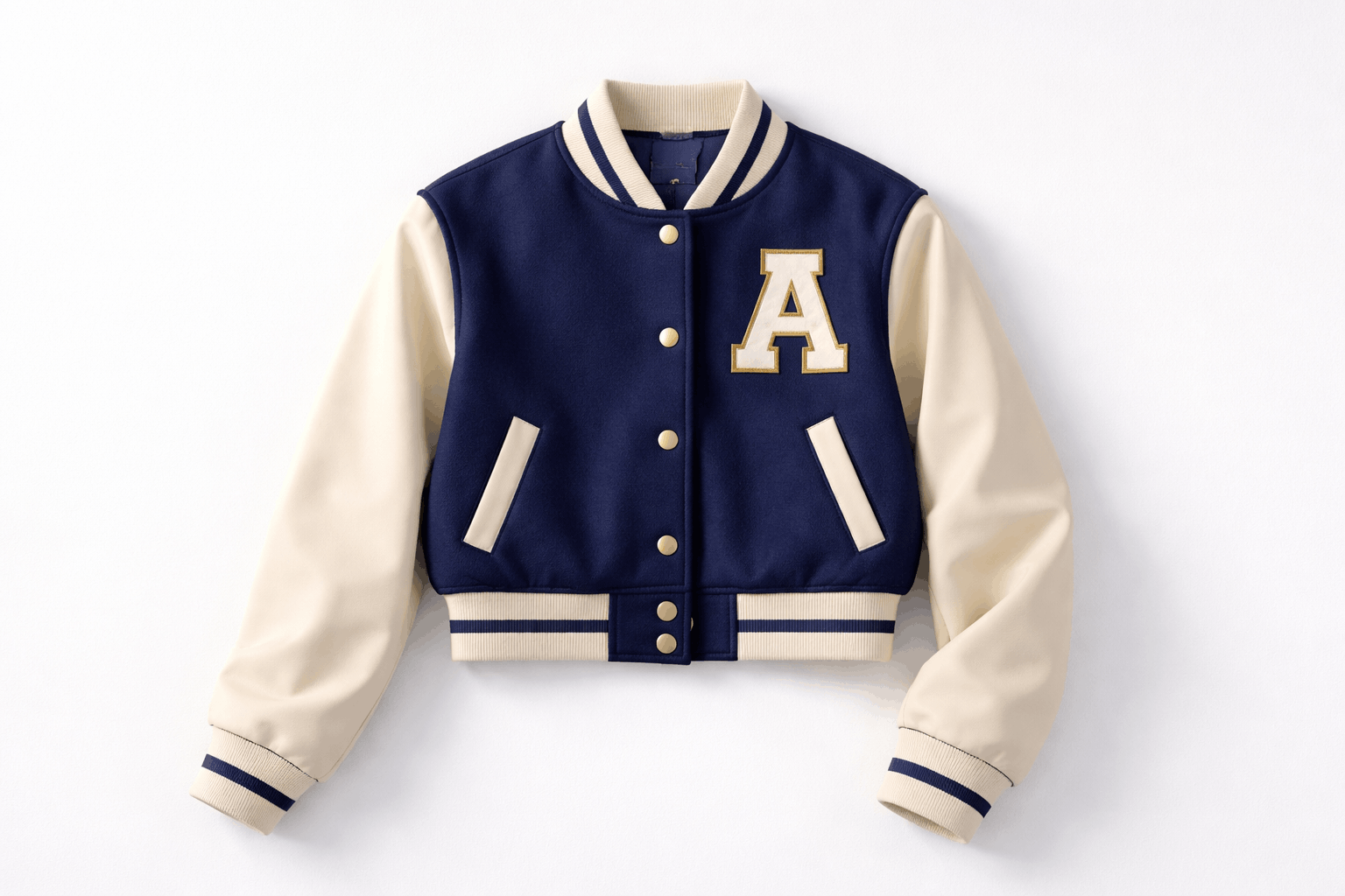 Premium women's varsity jacket in navy and cream with chenille patch — featured image for complete 2026 buying guide
