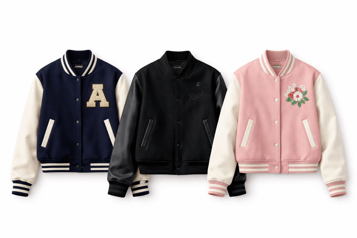 Three womens varsity jacket styles for 2026 — classic two-tone, all-black monochrome, and blush pink with floral detail - Varsity Jacket Women