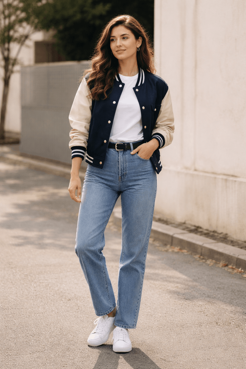 Woman wearing navy and cream varsity jacket with white tee and straight-leg jeans in outdoor urban setting - Varsity Jacket Women