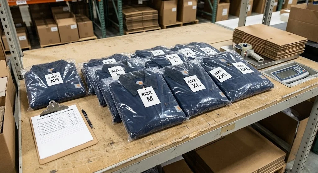 Bulk custom work jackets size run ready for delivery