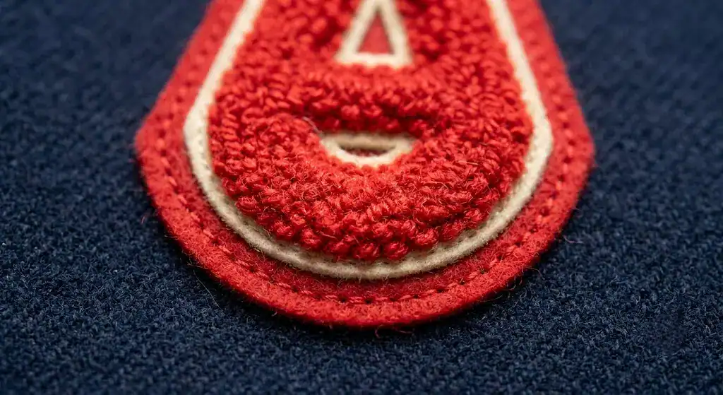 Close-up of chenille patch on a custom letterman jacket