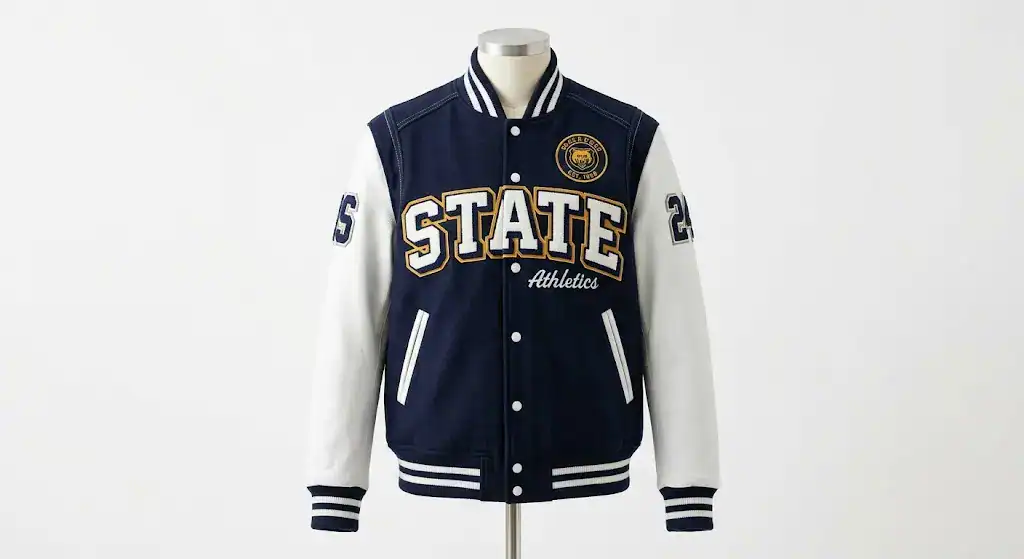 Custom varsity jacket with chenille patch front view