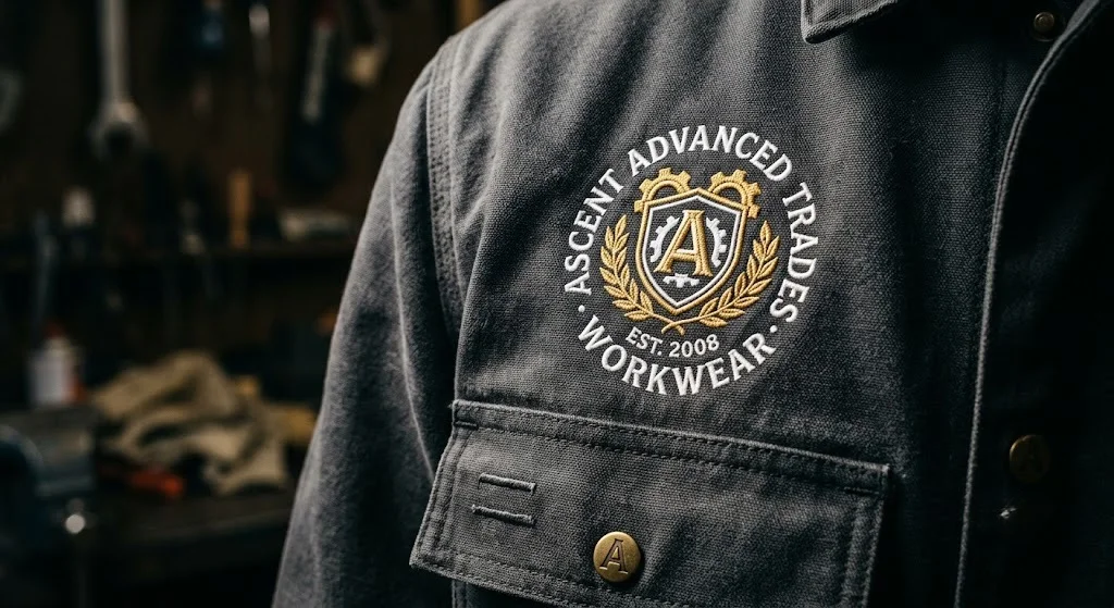 Custom work jacket with embroidered company logo on chest