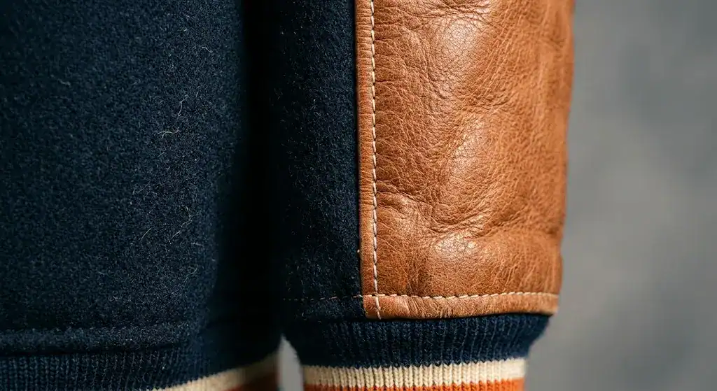 Letterman jacket wool body with genuine leather sleeves detail