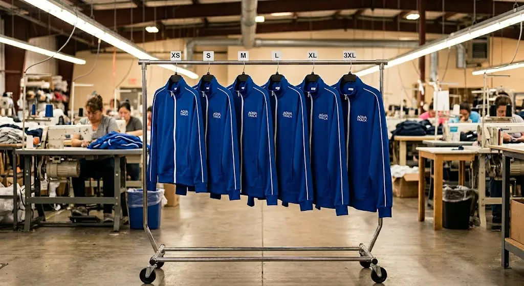 Bulk custom track jackets size run production at OEM factory