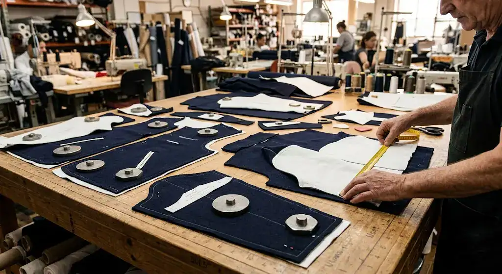 Varsity jacket wool body and leather sleeves during production