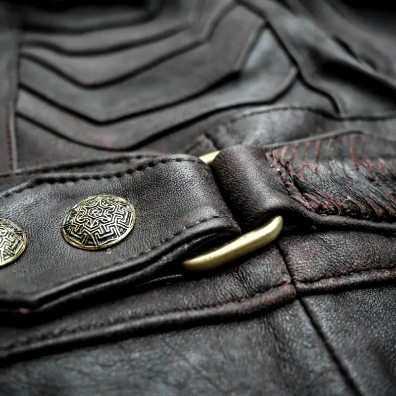 Custom motorcycle jacket leather hardware and stitching detail OEM manufacturing