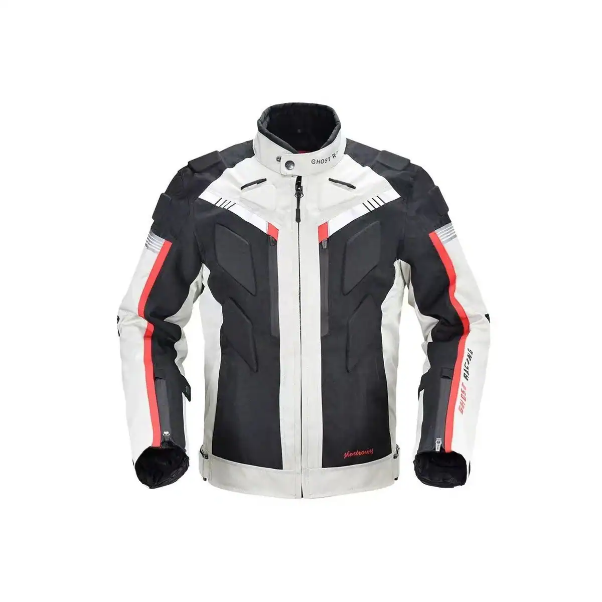 Custom textile motorcycle jacket with protective panels manufactured by Race Apparel