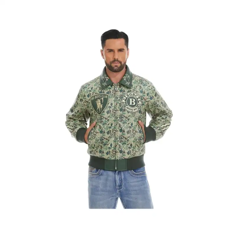Custom green camo jacket manufactured by Race Apparel for high-end private label brands