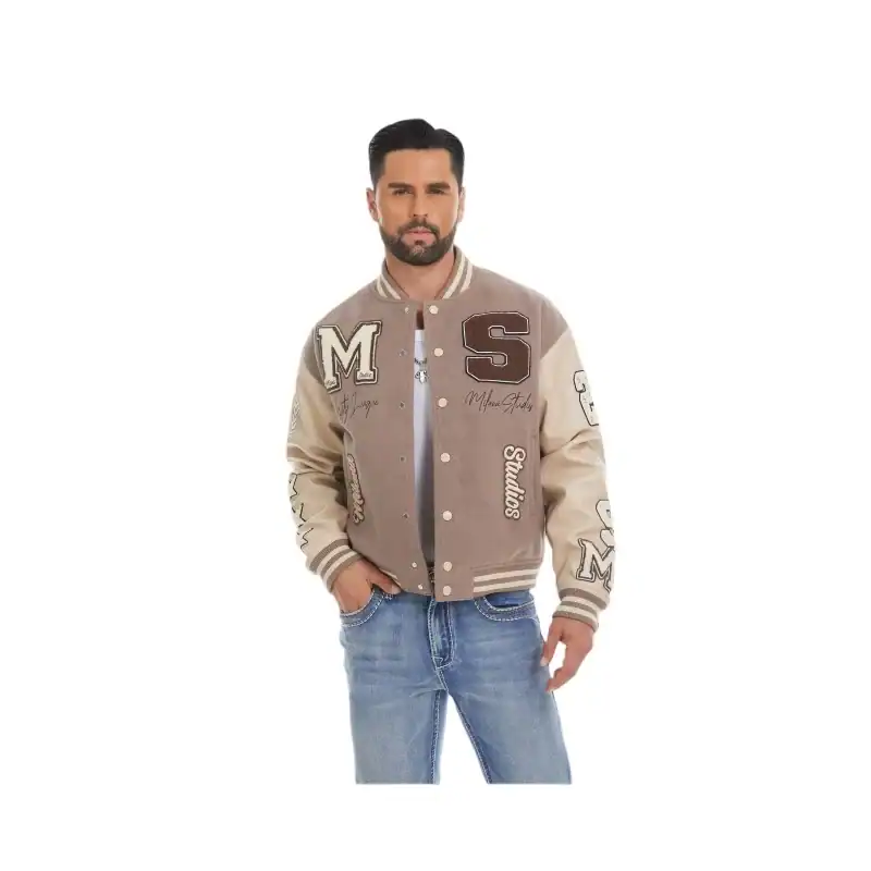 Custom beige and brown varsity jacket manufactured by Race Apparel with chenille patch branding