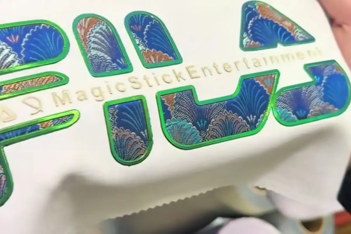 Close-up of chenille patch embroidery on a varsity jacket sleeve
