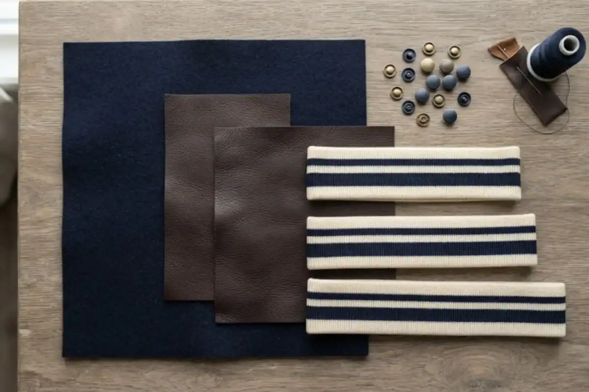 Wool-melton and leather fabric swatches used for varsity jacket manufacturing
